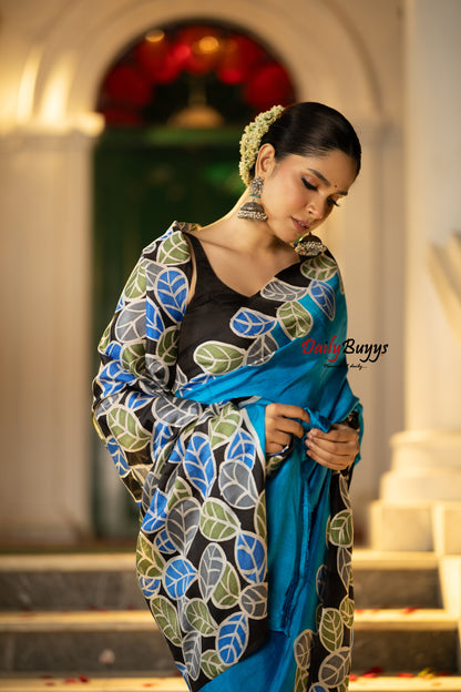 Blue Wax Batik Hand Painted Silk Mark Certified Bishnupuri Silk Sarees