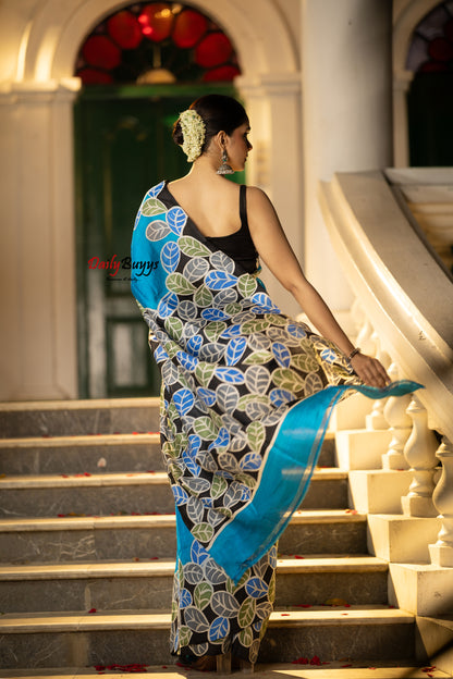 Blue Wax Batik Hand Painted Silk Mark Certified Bishnupuri Silk Sarees