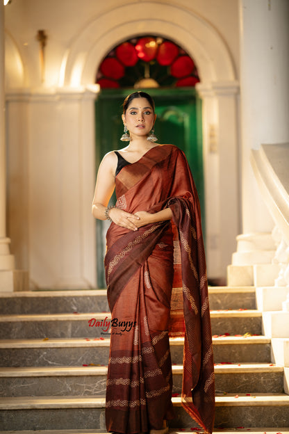 Rust Brown Block Printed Silk Mark Certified Tussar Silk Sarees