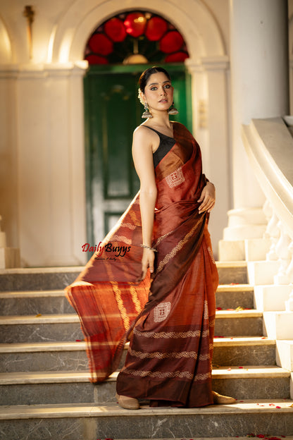 Rust Brown Block Printed Silk Mark Certified Tussar Silk Sarees