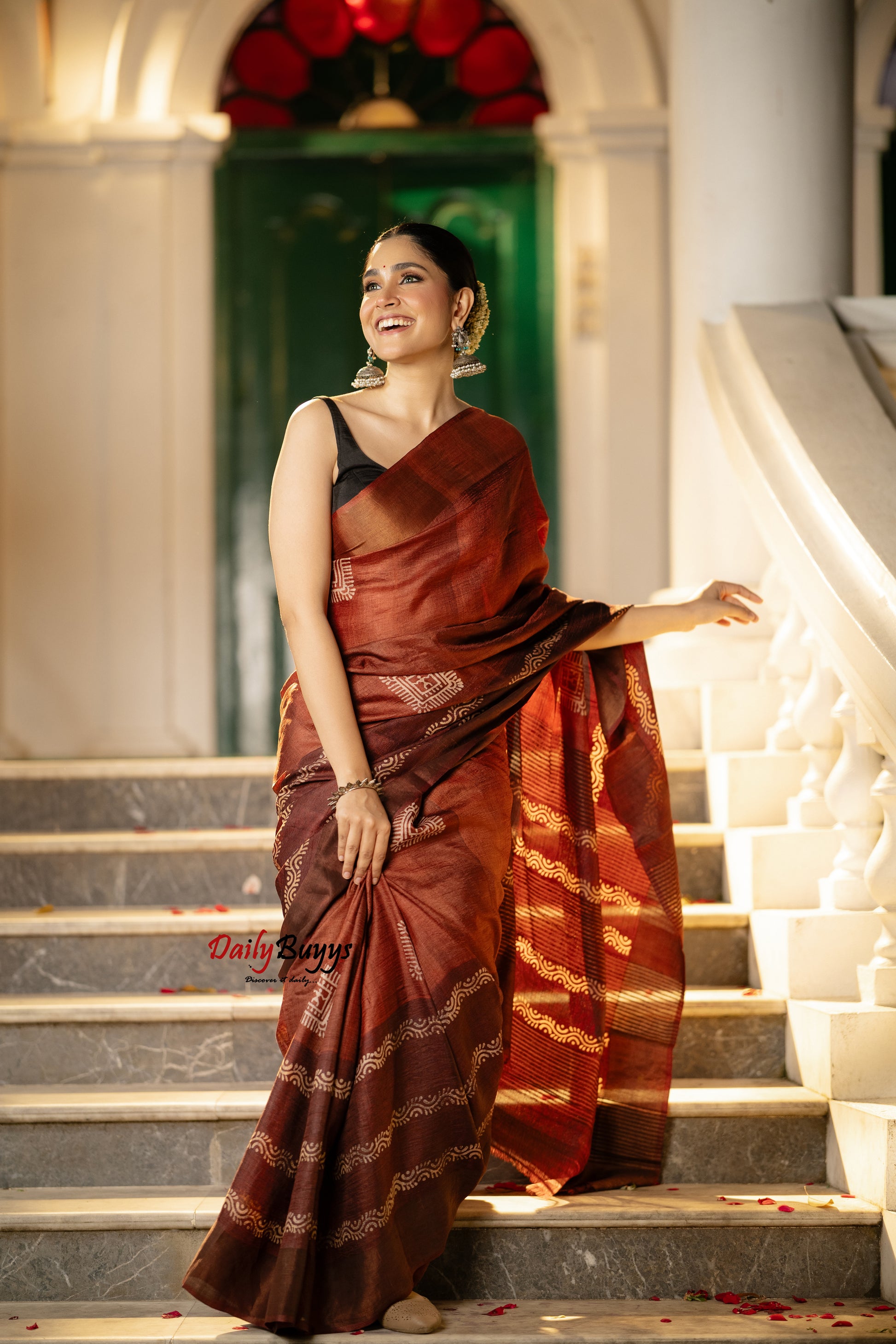 Rust Brown Block Printed Silk Mark Certified Tussar Silk Sarees