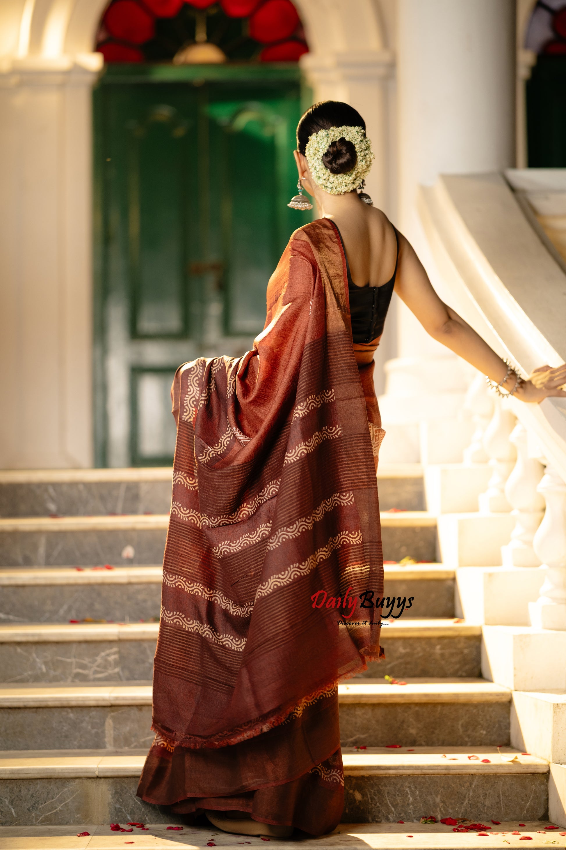 Rust Brown Block Printed Silk Mark Certified Tussar Silk Sarees