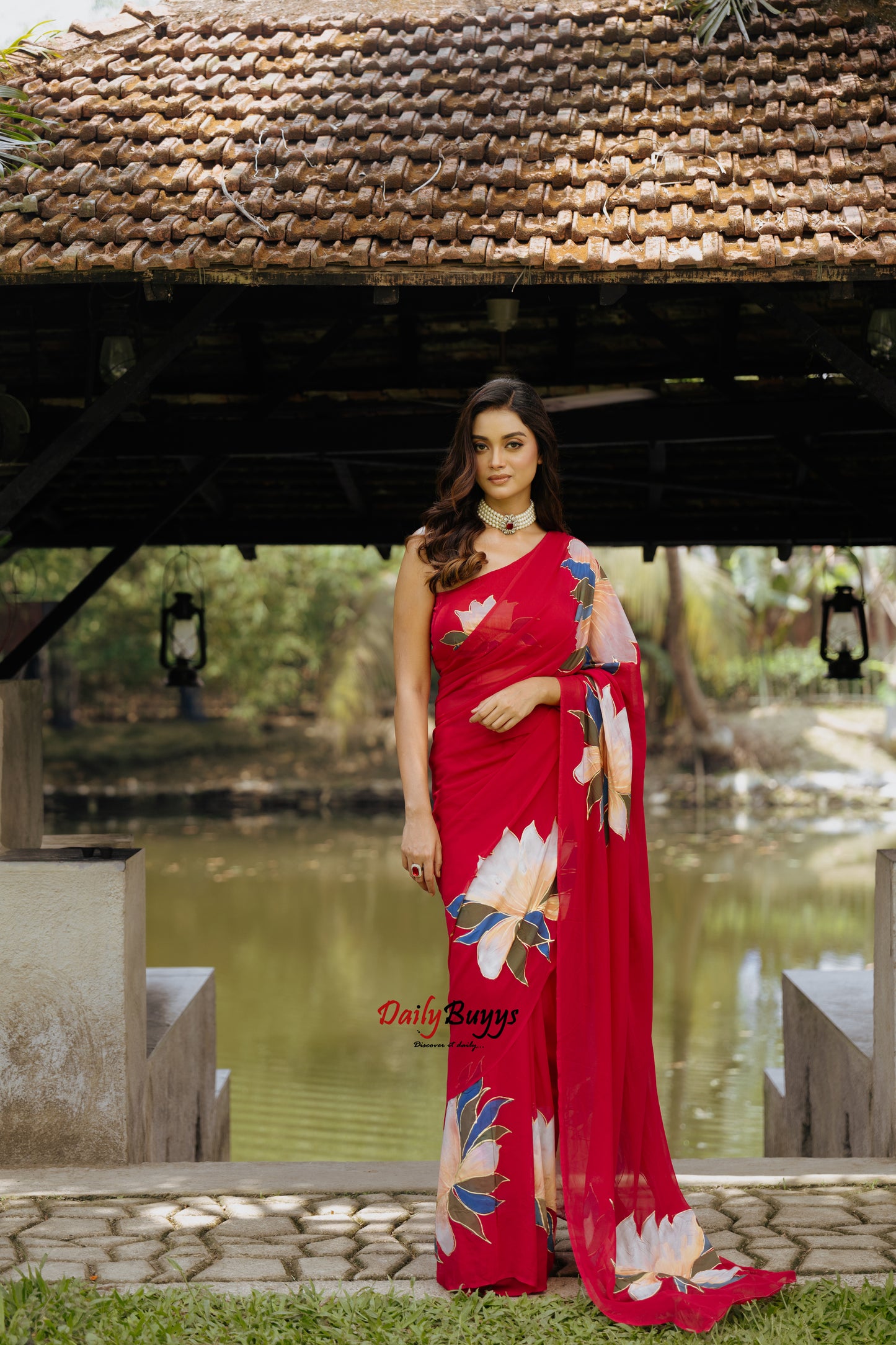 Designer Hand Painted Red Pure Georgette Sarees