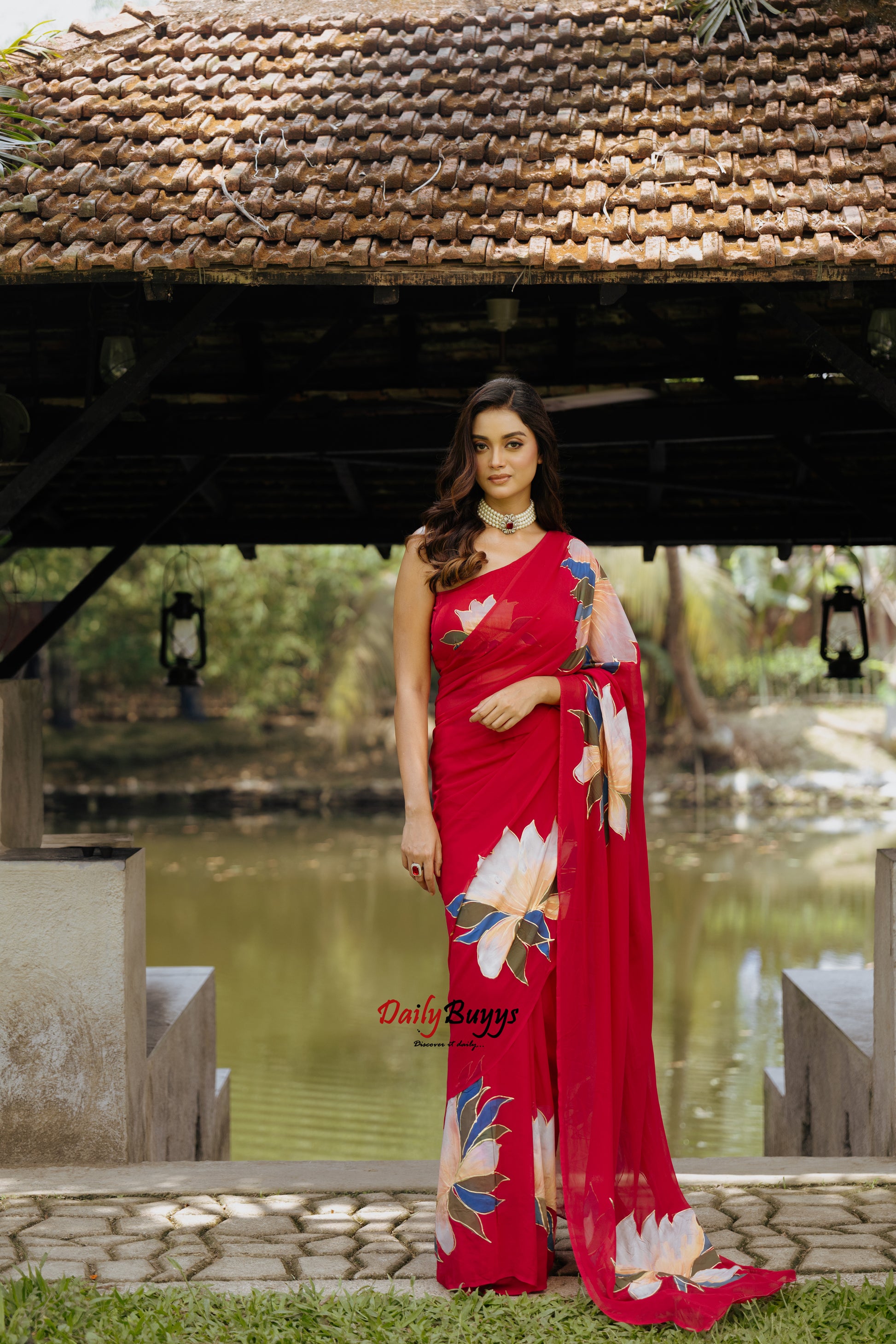 Designer Hand Painted Red Pure Georgette Sarees