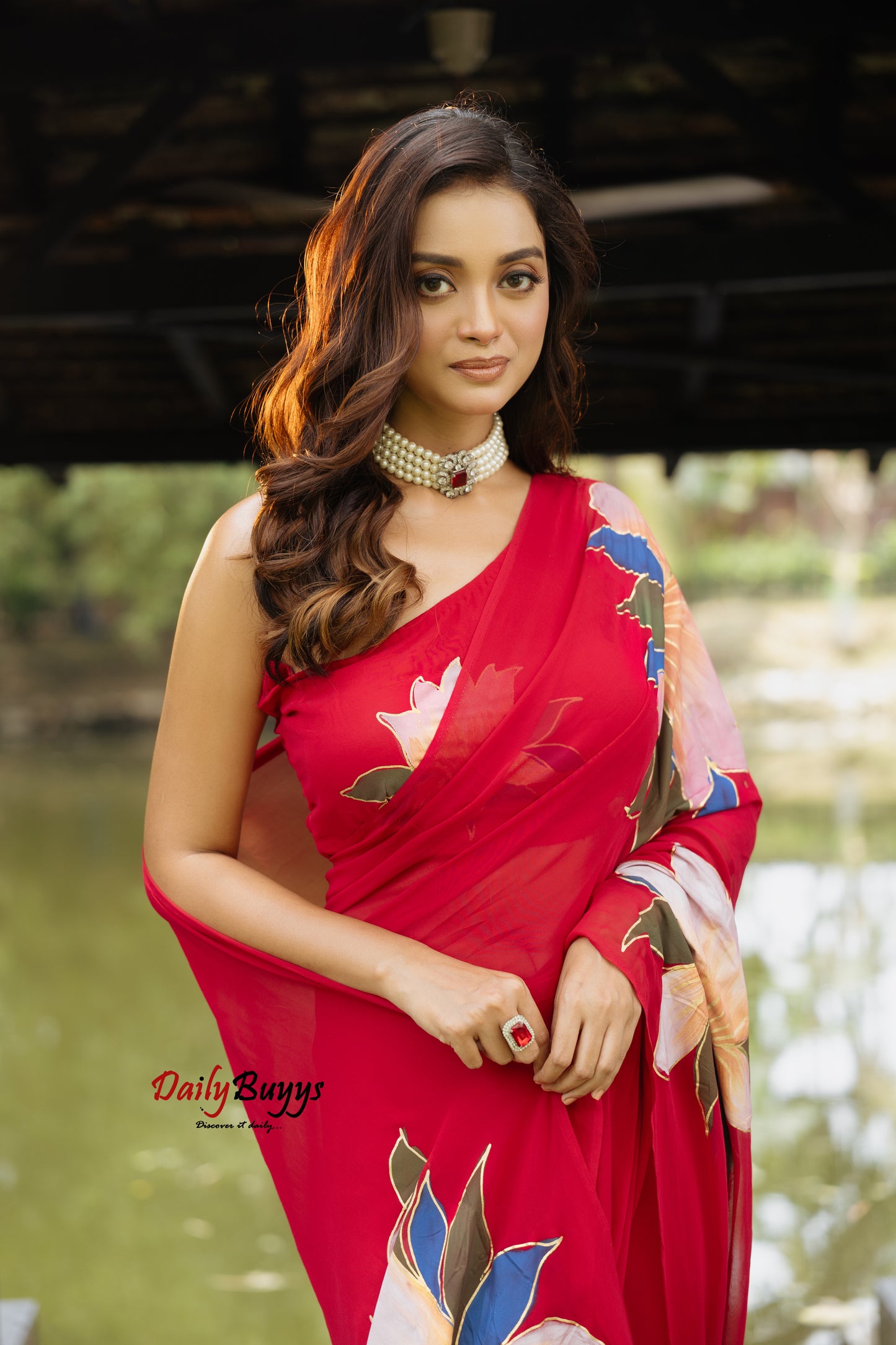 Designer Hand Painted Red Pure Georgette Sarees