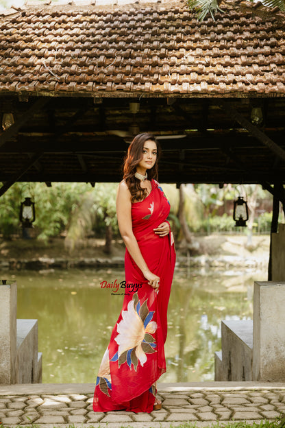 Designer Hand Painted Red Pure Georgette Sarees