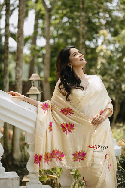 Designer Floral Hand Painted and Hand Embroidered Bishnupuri Silk Sarees
