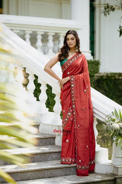 Floral Embroidery Pure Silk Mark Certified Tussar Silk Sarees Floral Hand Embroidery