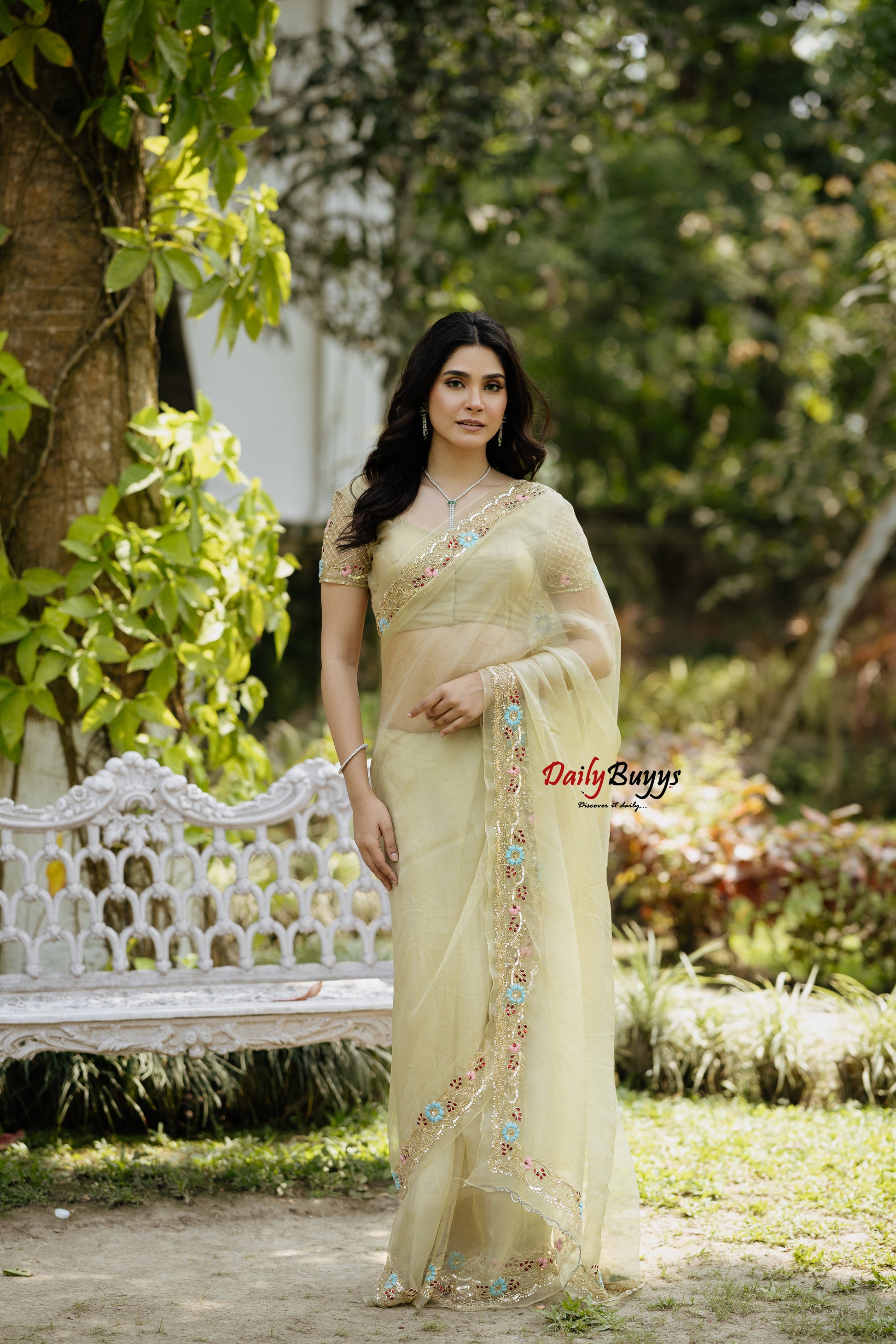 Sage Green Heavy Embroidery Designer Organza Sarees