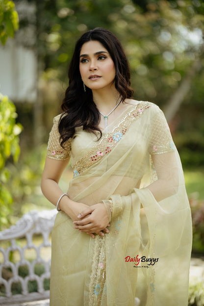 Sage Green Heavy Embroidery Designer Organza Sarees