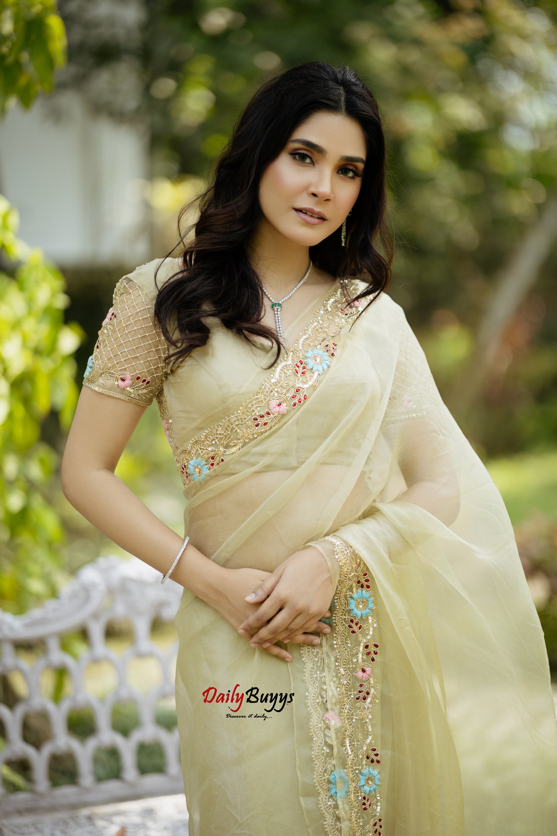 Sage Green Heavy Embroidery Designer Organza Sarees