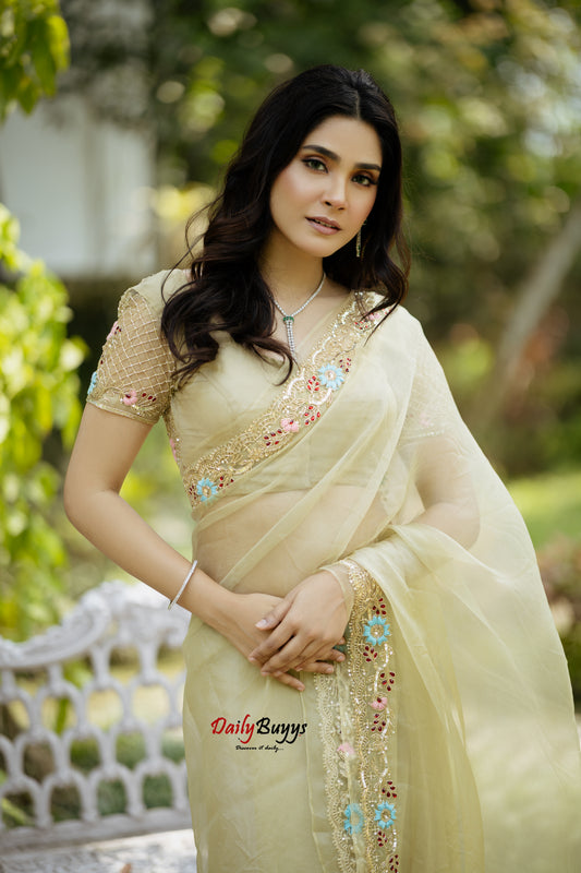 Bridal Partwear Sage Green Heavy Embroidery Designer Organza Sarees