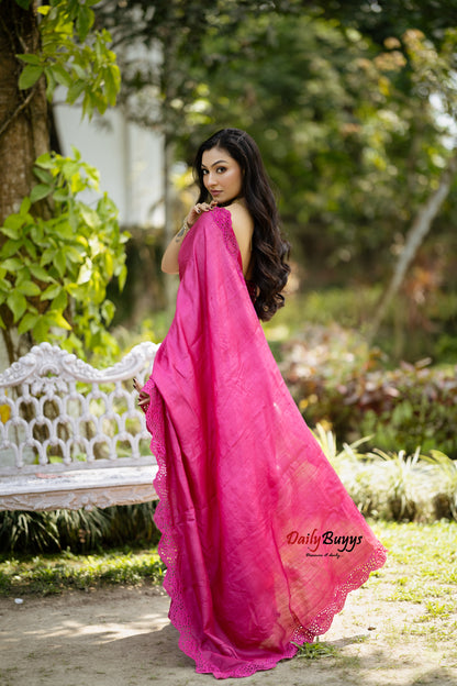 Pink Twine Cut Work Pure Silk Mark Certified Plain Tussar Silk Sarees