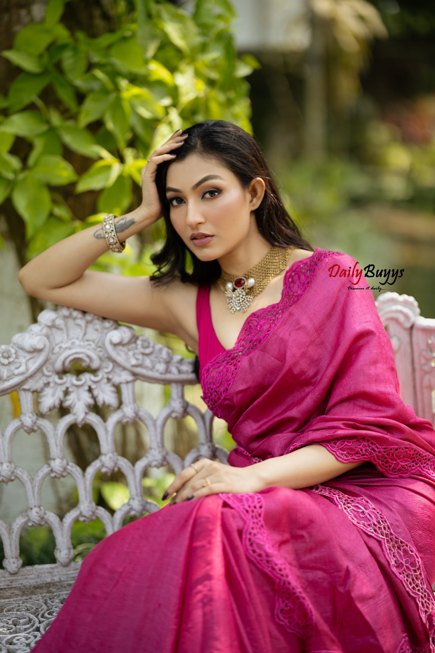 Pink Twine Cut Work Pure Silk Mark Certified Plain Tussar Silk Sarees