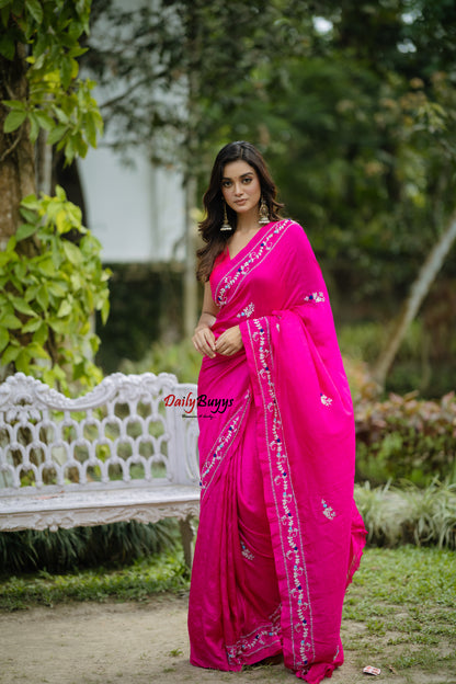 Pink Designer Embroidery Work Pure Silk Sarees