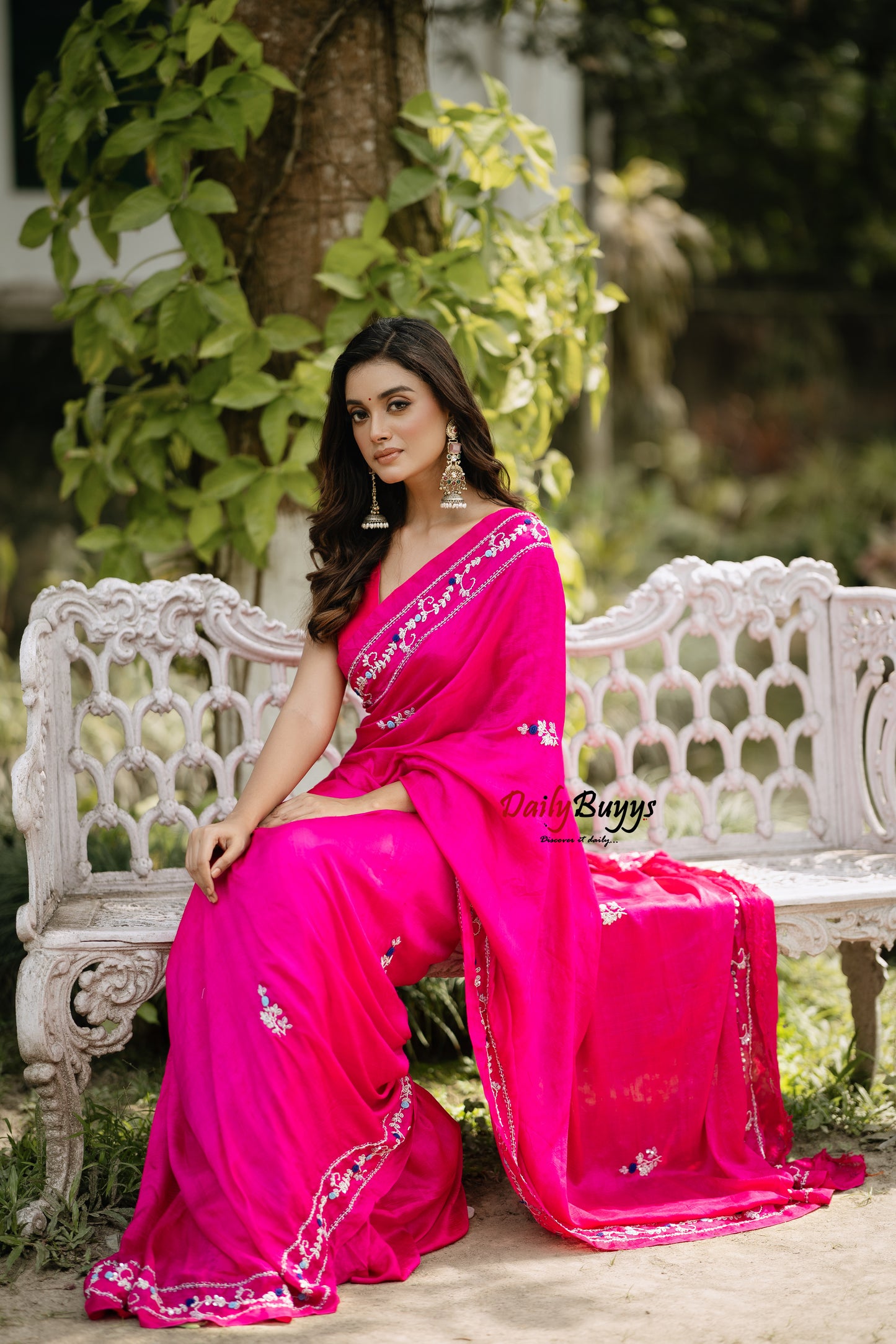 Pink Designer Embroidery Work Pure Silk Sarees
