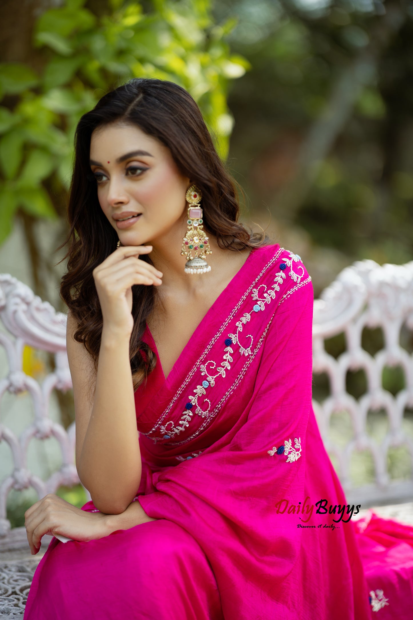 Pink Designer Embroidery Work Pure Silk Sarees