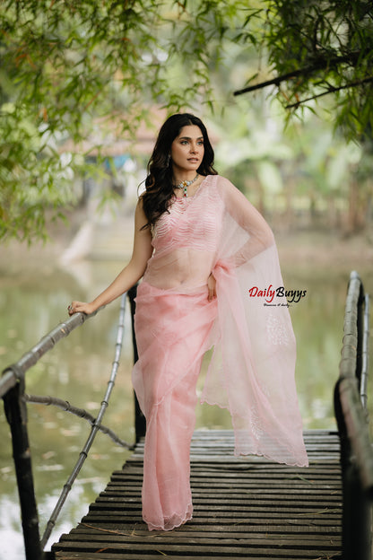 Grapefruit Pink Hand Embroidered Pure Organza Sarees