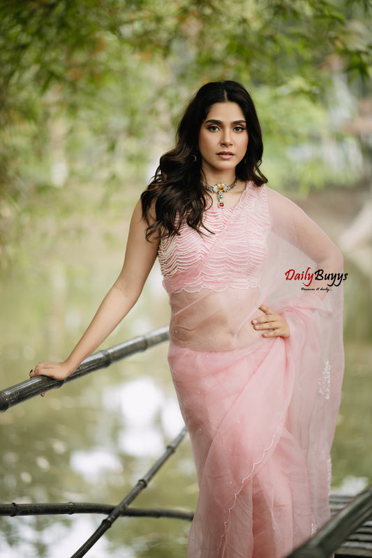 Grapefruit Pink Hand Embroidered Pure Organza Sarees