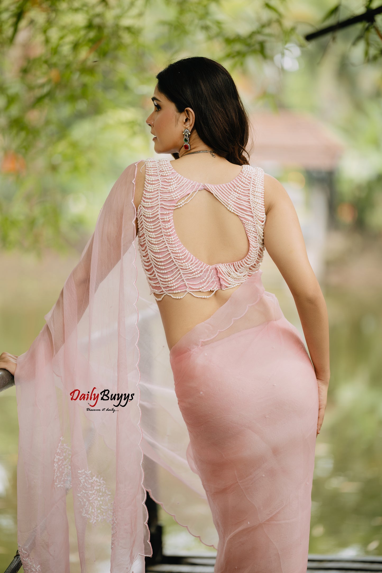 Grapefruit Pink Hand Embroidered Pure Organza Sarees