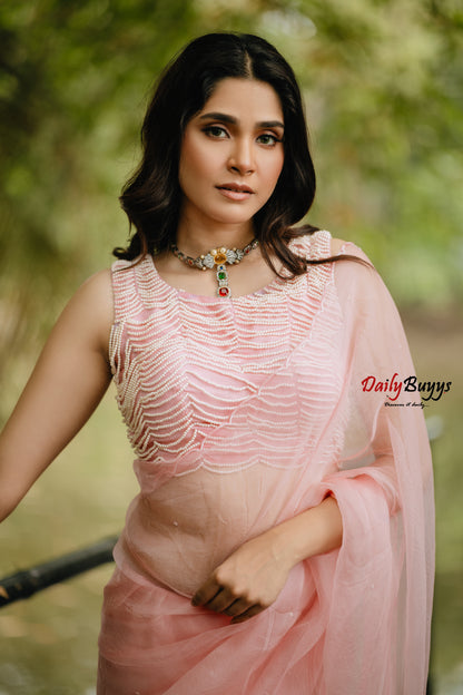 Grapefruit Pink Hand Embroidered Pure Organza Sarees