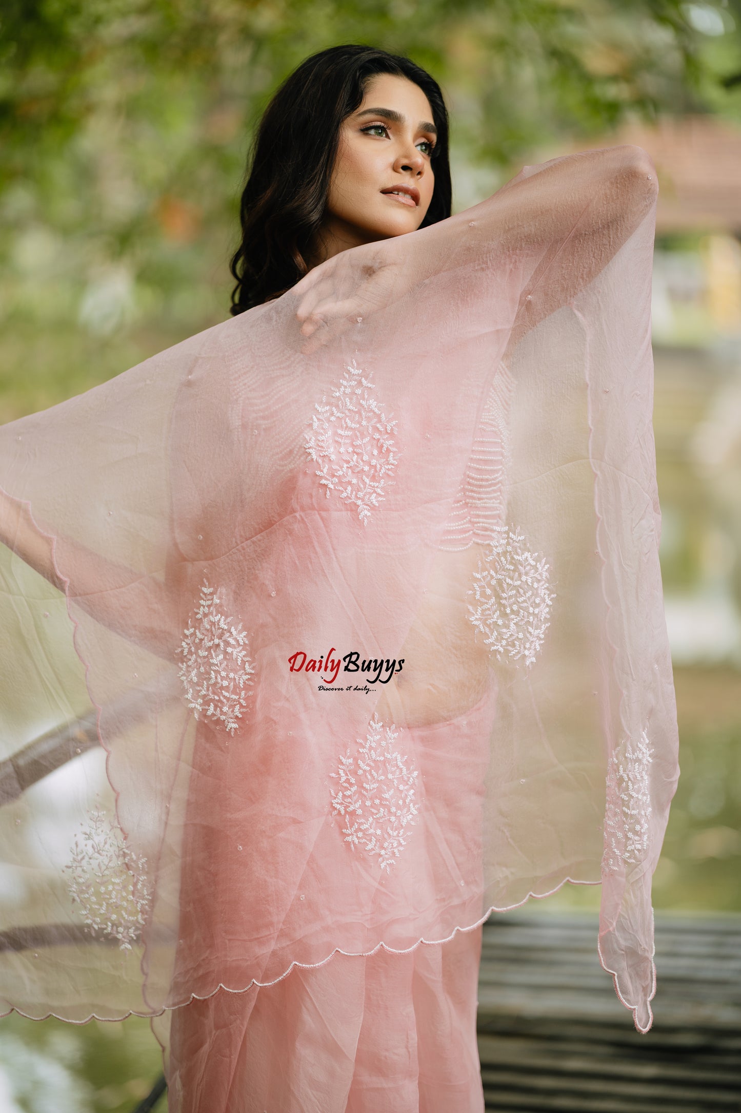 Grapefruit Pink Hand Embroidered Pure Organza Sarees