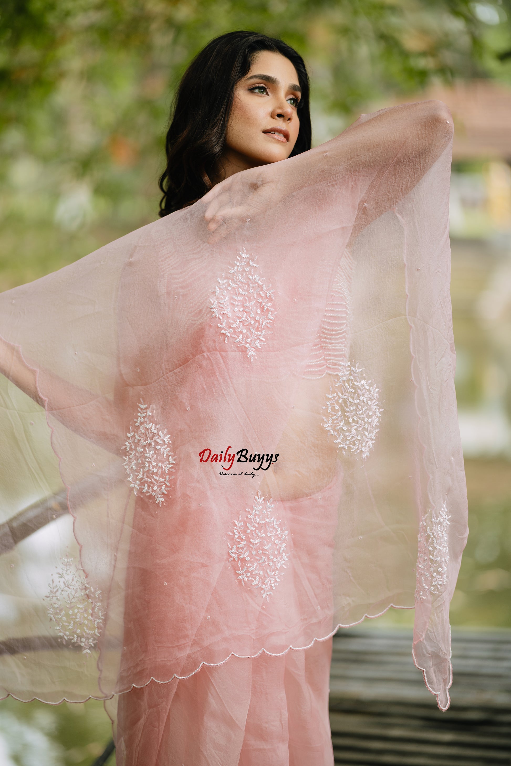 Grapefruit Pink Hand Embroidered Pure Organza Sarees