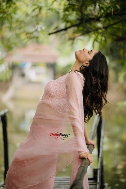 Grapefruit Pink Hand Embroidered Pure Organza Sarees