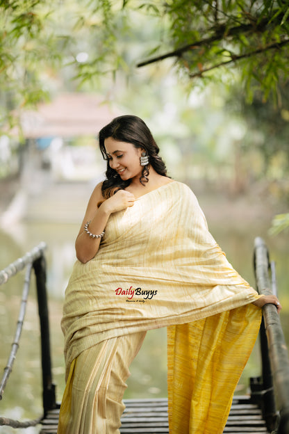 Beige Yellow Pure Silk Mark Certified Tussar Ghicha Silk Sarees