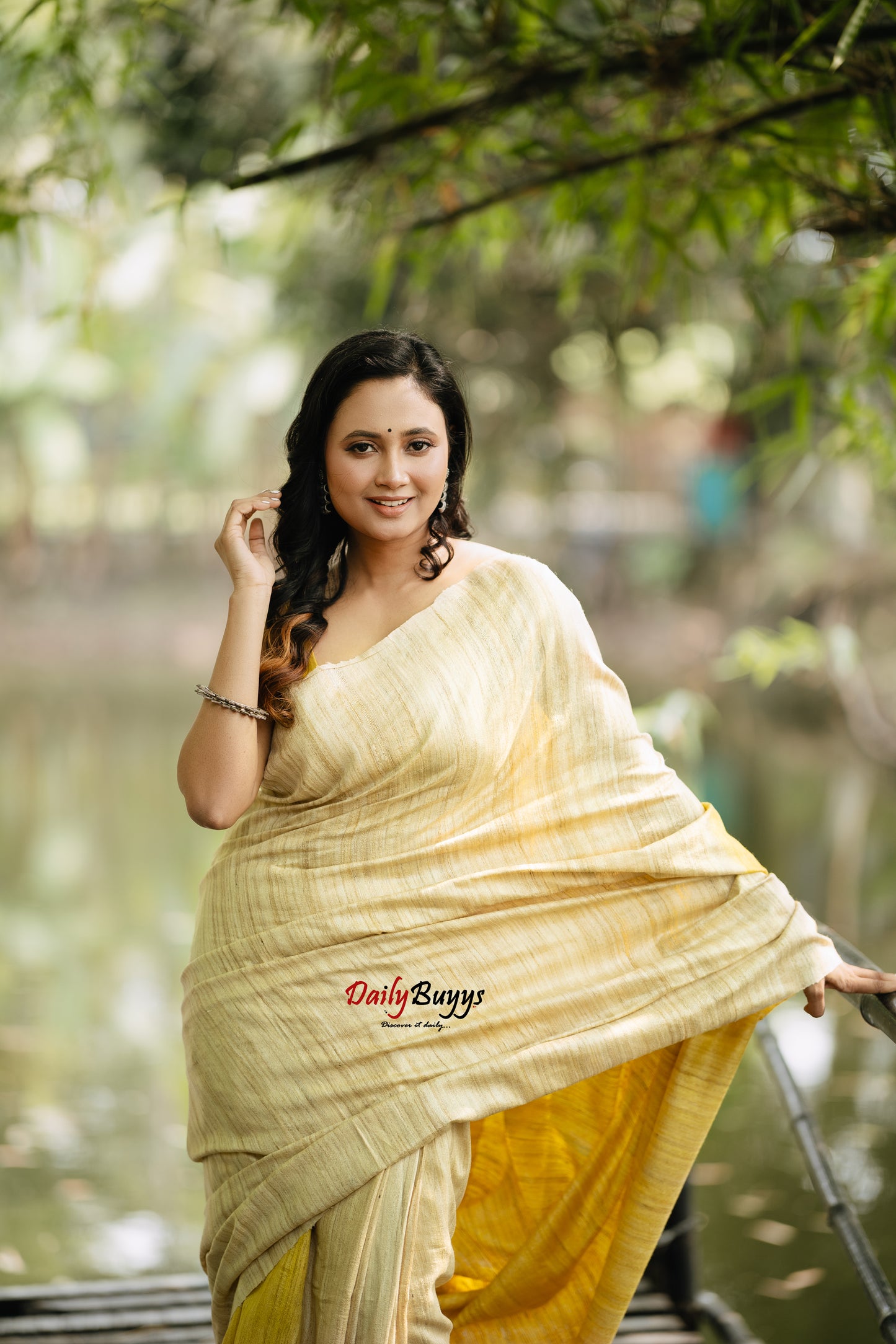 Beige Yellow Pure Silk Mark Certified Tussar Ghicha Silk Sarees
