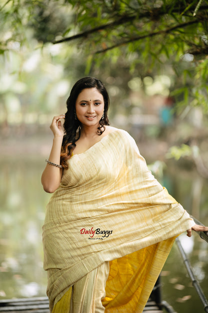 Beige Yellow Pure Silk Mark Certified Tussar Ghicha Silk Sarees