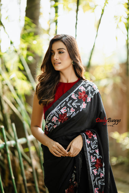 Designer Black Tikki and Diamond Studded Silk Mark Certified Pure Bishnupuri Silk Sarees
