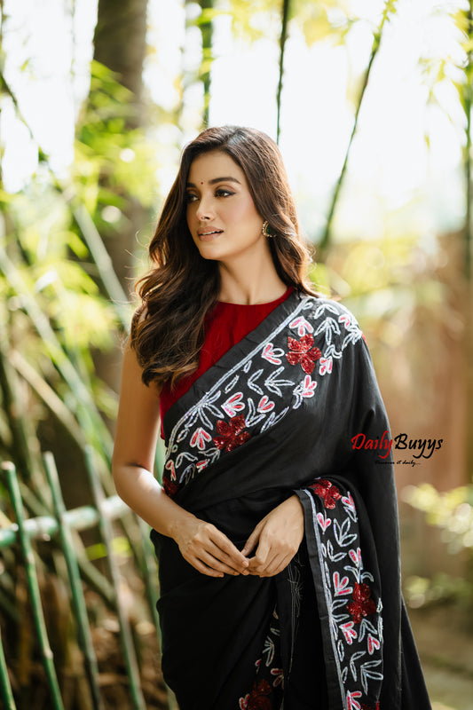 Designer Black Tikki and Diamond Studded Silk Mark Certified Pure Bishnupuri Silk Sarees
