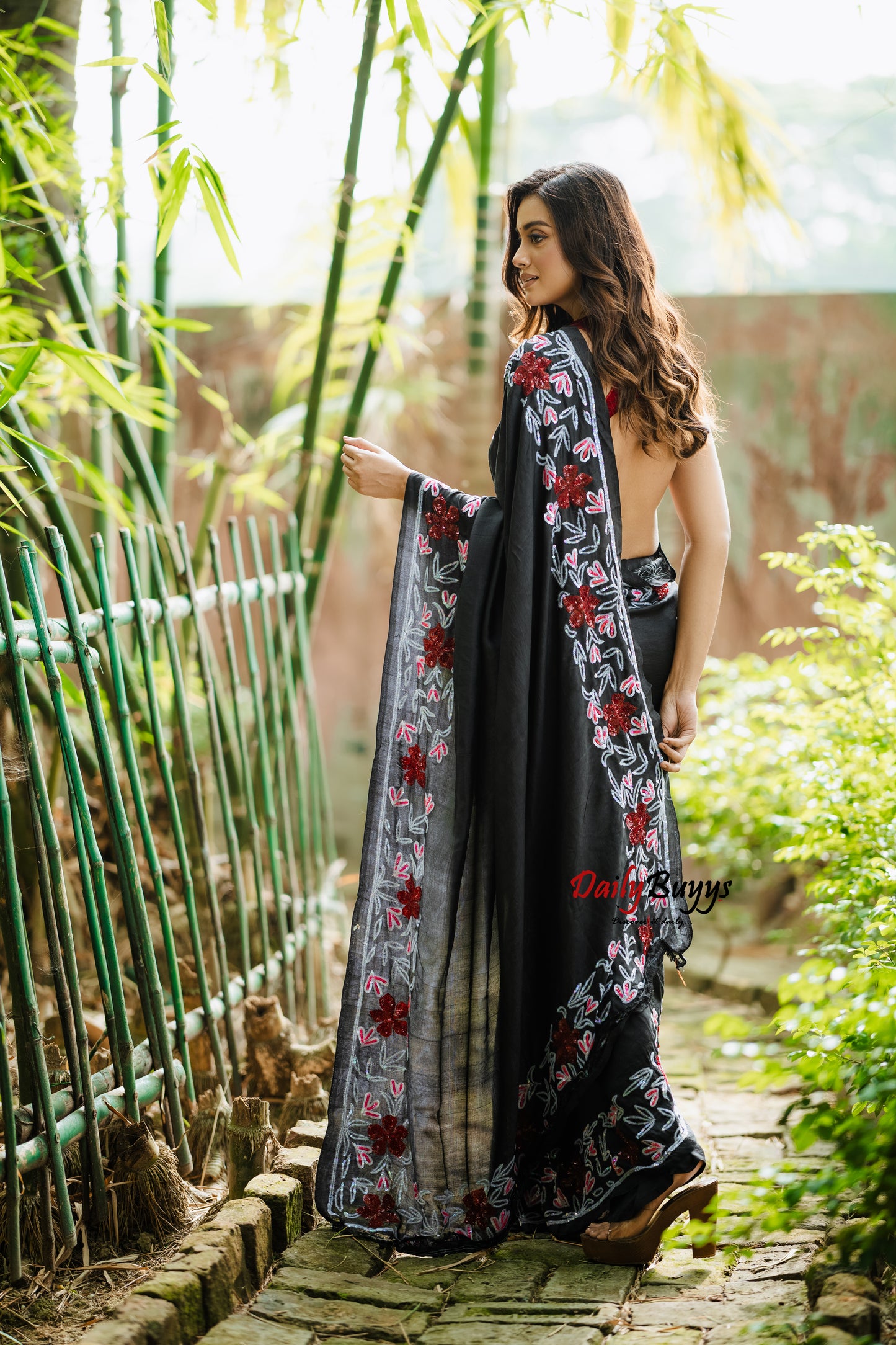 Designer Black Tikki and Diamond Studded Silk Mark Certified Pure Bishnupuri Silk Sarees