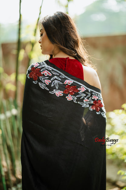 Designer Black Tikki and Diamond Studded Silk Mark Certified Pure Bishnupuri Silk Sarees