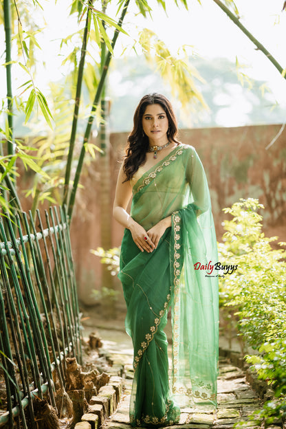 Designer Work Green Organza Sarees