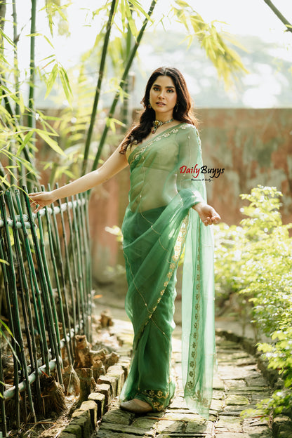 Designer Work Green Organza Sarees