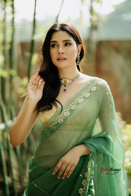 Designer Work Green Organza Sarees