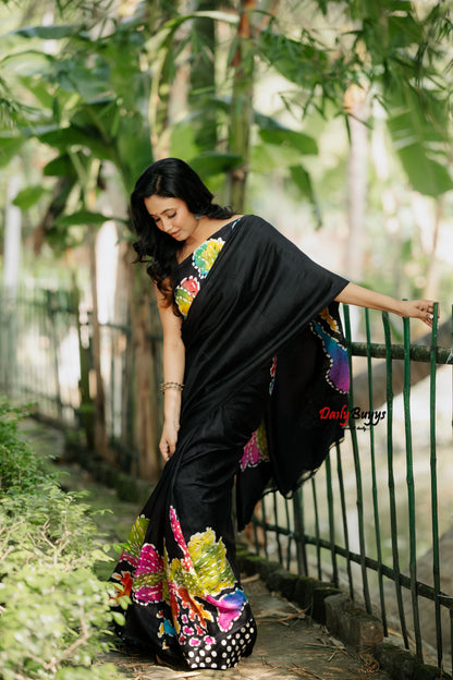 Black Wax Batik Hand Painted  Silk Mark Certified Bishnupuri Silk Sarees