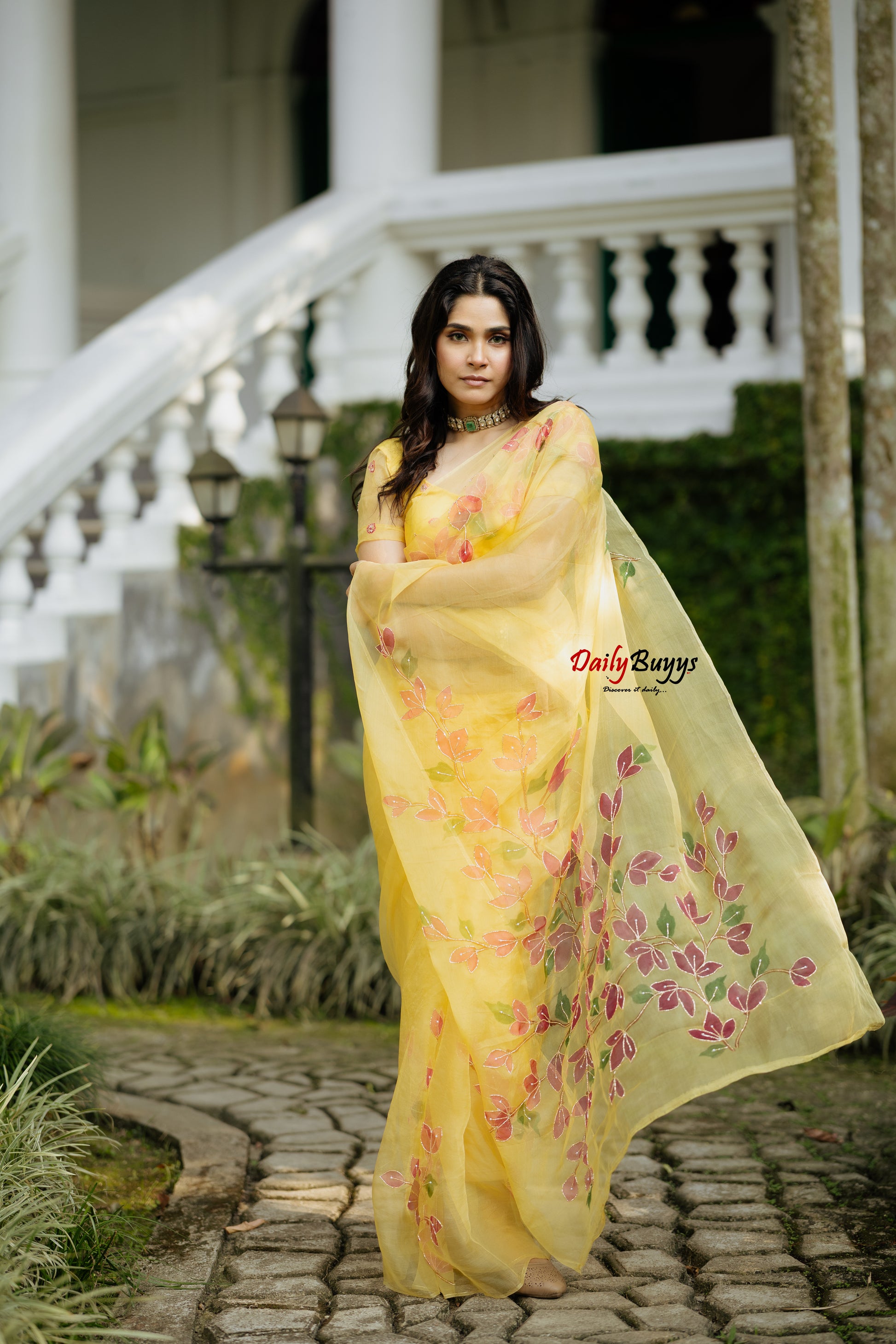Pure Organza Hand Embroidered & Hand Painted Set In Yellow Floral Bougainvillea Sarees