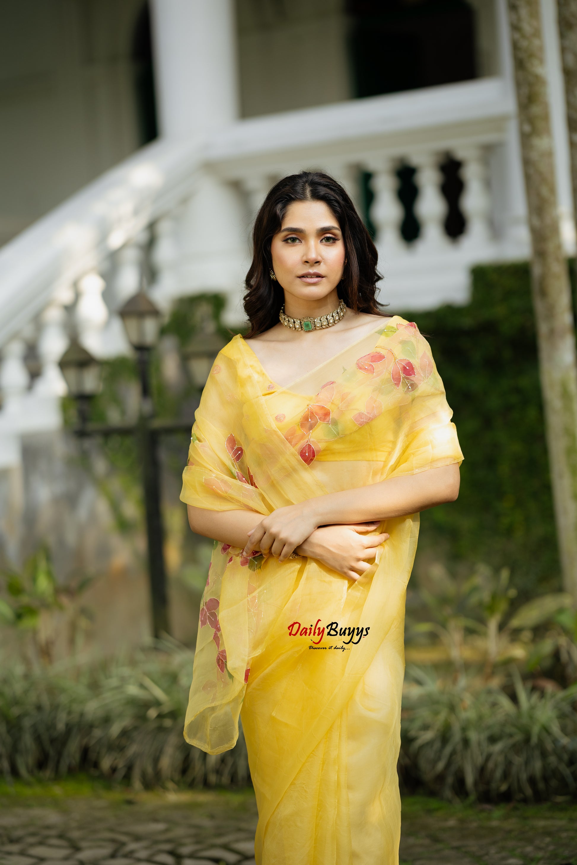 Pure Organza Hand Embroidered & Hand Painted Set In Yellow Floral Bougainvillea Sarees