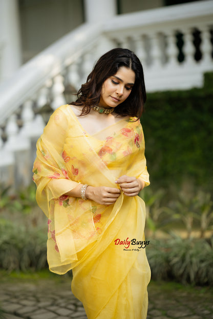 Pure Organza Hand Embroidered & Hand Painted Set In Yellow Floral Bougainvillea Sarees