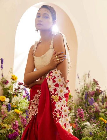 Red Designer Organza Hand Applique Sari