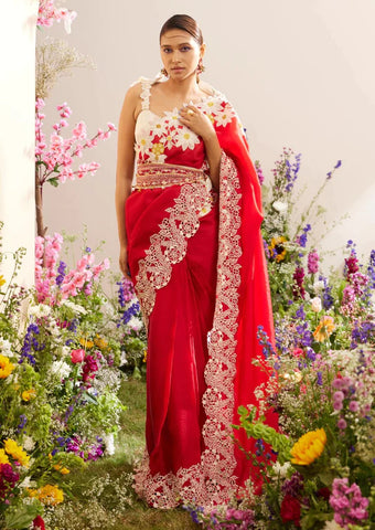 Red Designer Organza Hand Applique Sari