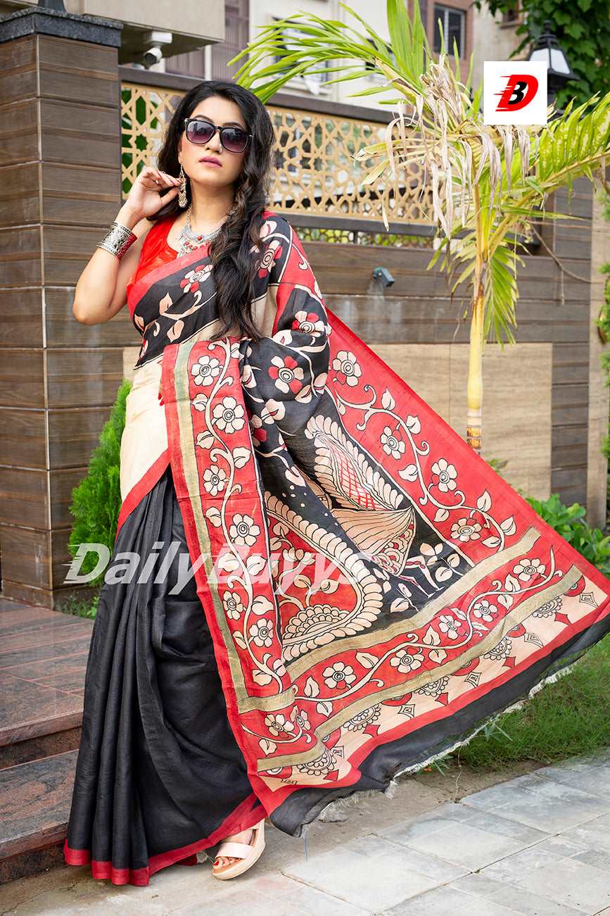 Beige Black Hand Painted Pure Plain Pure Silk Mark Certified Tussar Silk Kalamkari Sarees