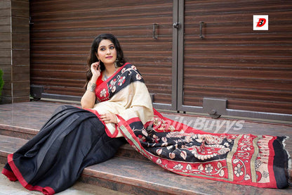 Beige Black Hand Painted Pure Plain Pure Silk Mark Certified Tussar Silk Kalamkari Sarees