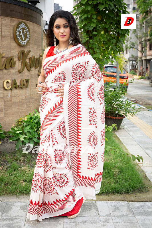 Beige Block Printed Pure Silk Mark Certified Bishnupuri Silk Sarees