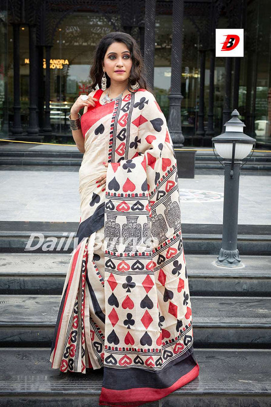 Beige Block Printed Pure Silk Mark Certified Bishnupuri Silk Sarees