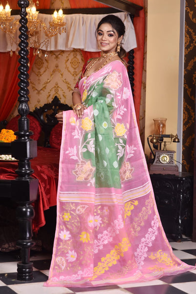 Designer Green & Pink Jamdani Saree