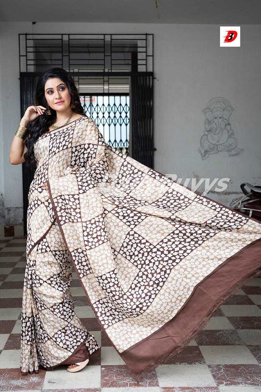 Beige Block Printed Pure Silk Mark Certified Bishnupuri Silk Sarees